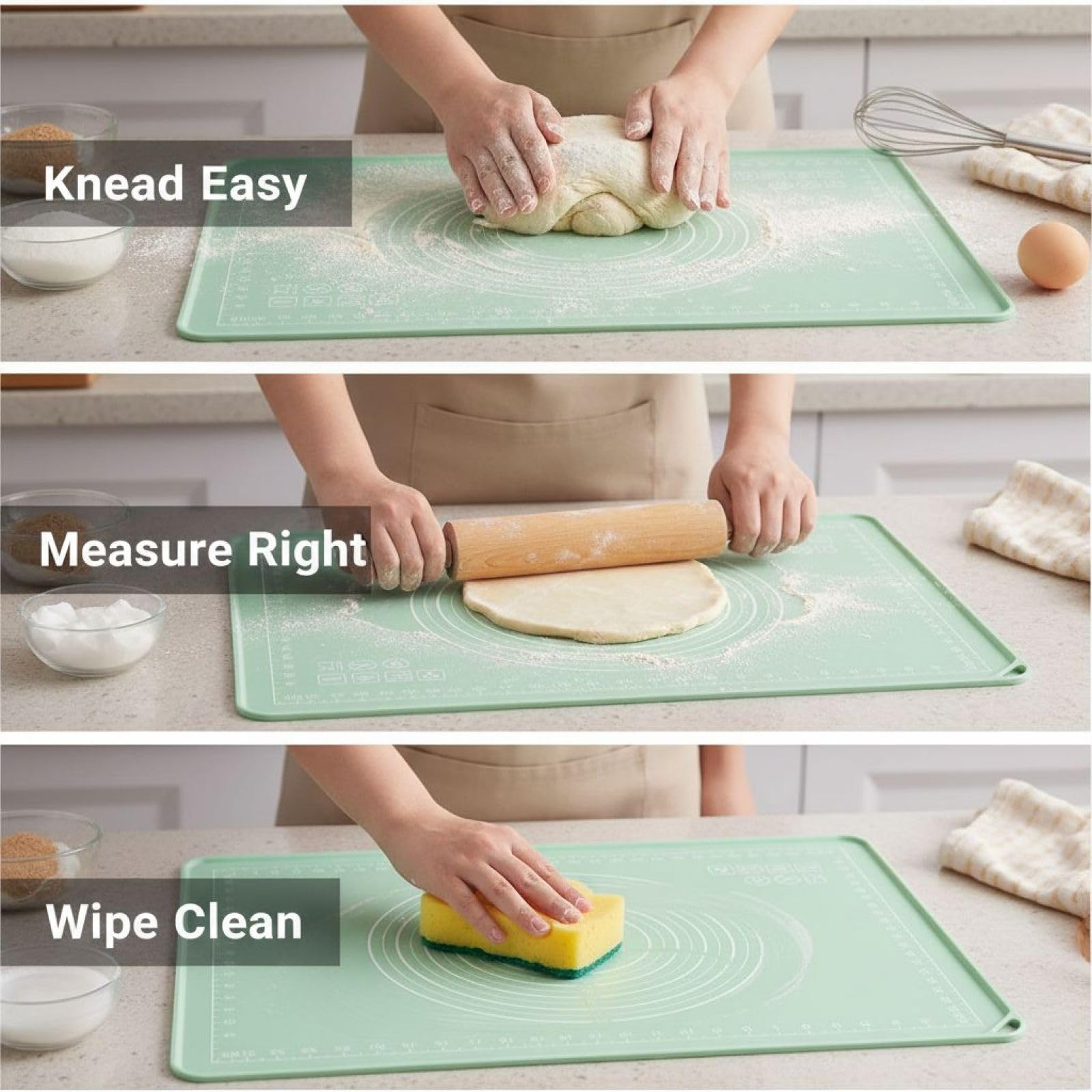 Knetmatte aus Silikon, 70 x 50 cm Teigmatte für den Kontakt mit Lebensmitteln geeignet, rutschfeste Backmatte mit Messskala, extra groß, zum Ausrollen, Kneten und Backen