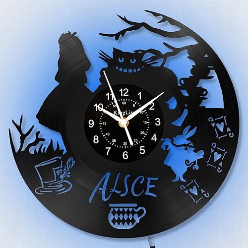 Reloj de pared de disco de vinilo de dibujos animados con luces LED, reloj de pared con tema del país de las maravillas, reloj de conejo de vinilo