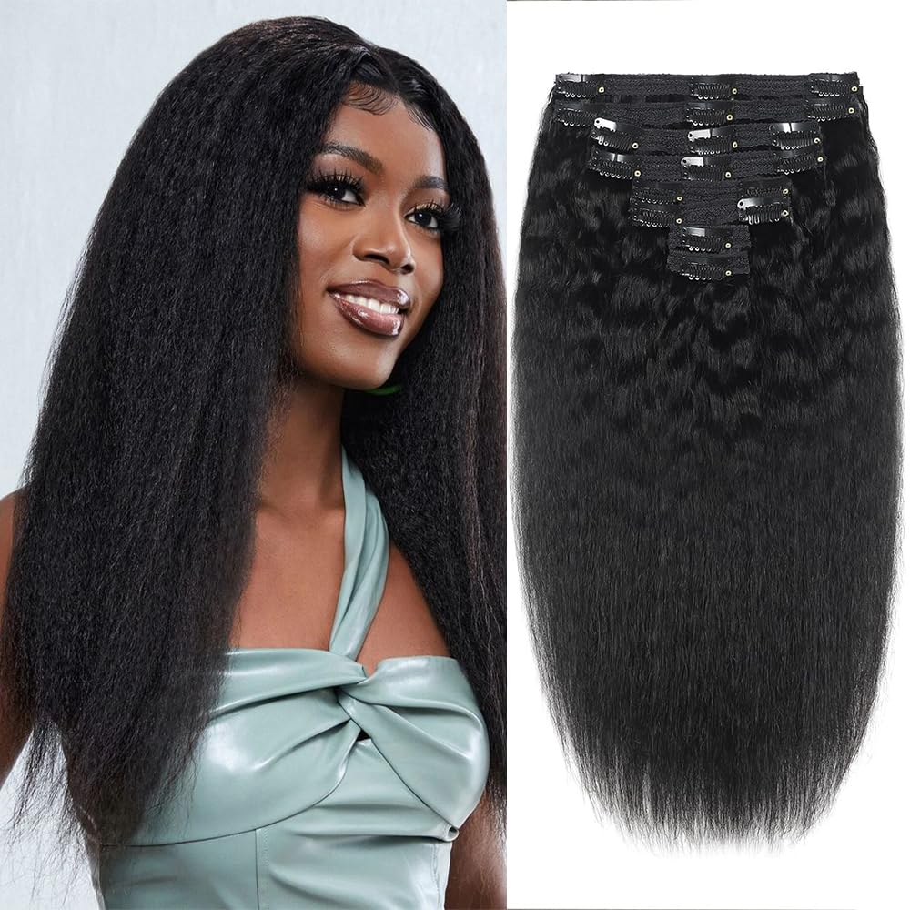 Brazilian Virgin Kinky Straight Clip in Hair Extensions Yaki Straight Clip in Hair Extension Real Natural Color Hair For Black Women 8Pcs/lot 120g (18Inch/new, Kinky Straight Clip)