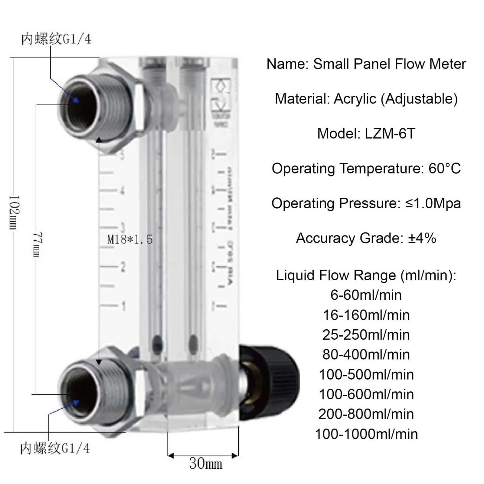 1 Uds rotámetro acrílico LZM-6T for Vloeistoffen y Gassen Paneelmontage Hoge Lage Stroom(Liquid 80-400ml-min)