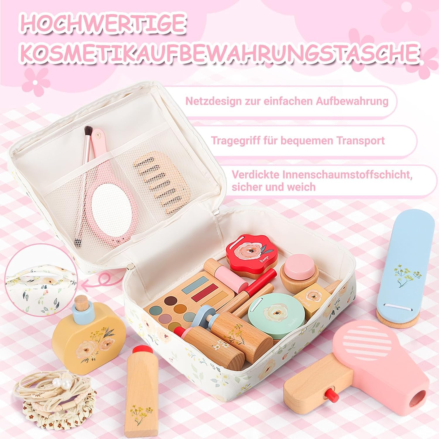 Herefun Set Trucchi Bambina in Legno Finti, 25 Pezzi Trucchi Bambina Giochicon, Set Trucco e Parrucchiere con Borsa Cosmetici e Elastici, Giocattoli Finti Montessori per Gioco di Ruolo, Regalo Bimba