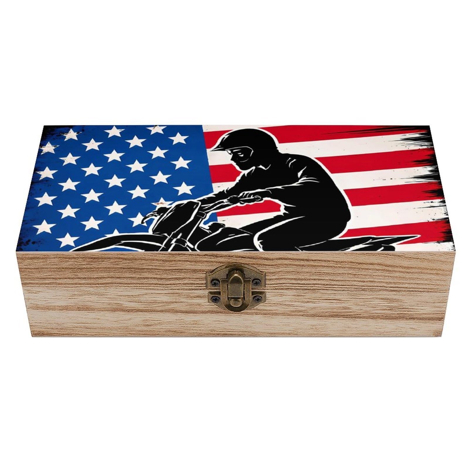 SMAZDFXX Motorcycle American Flag Motocross Dirt Bike 01(1) Wooden Storage Box With Hinged Lid Decorative Front Clasp Keepsake Boxes