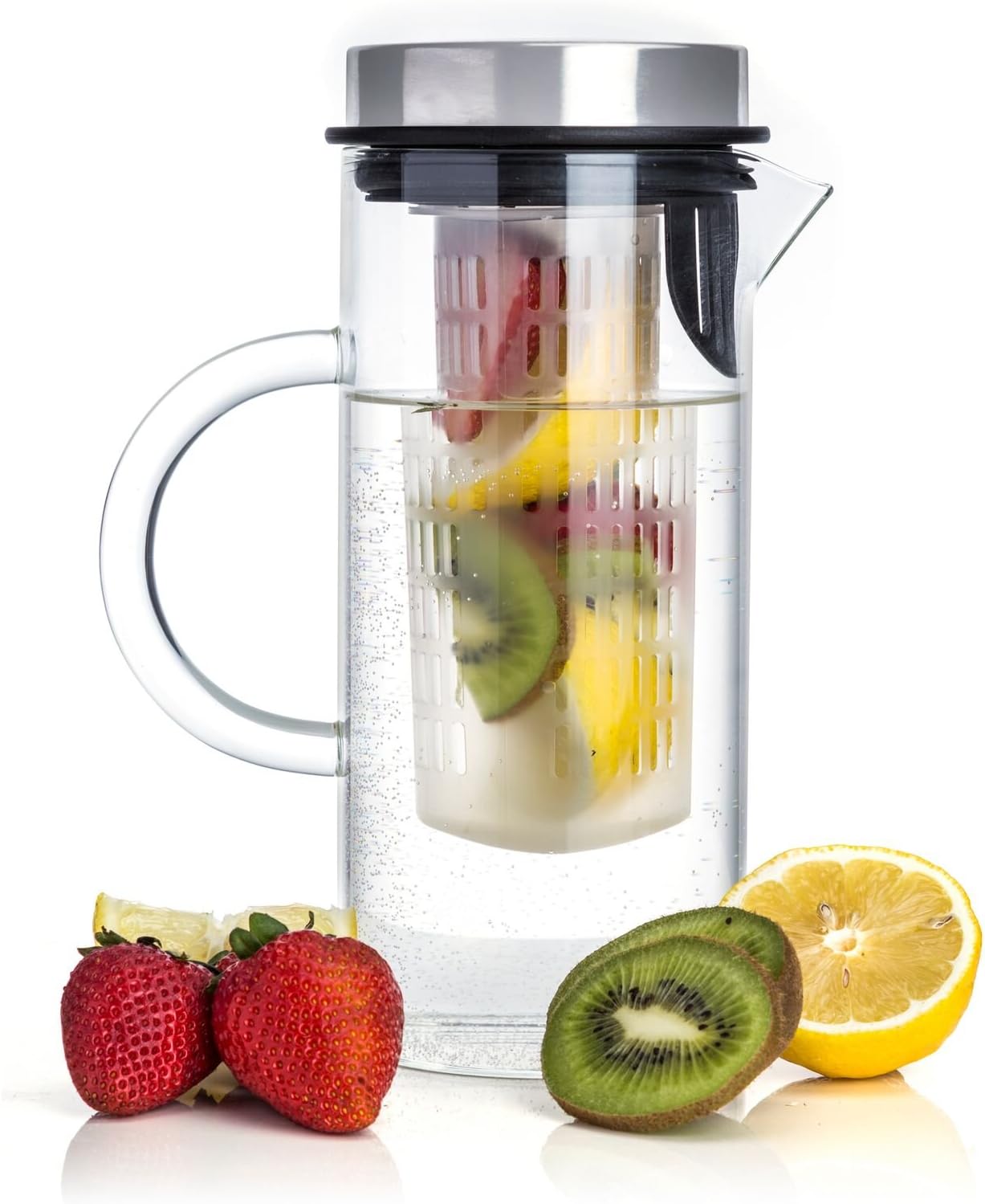Winfi Fruit Infusion Pitcher Glass with Airtight Stainless Steel Lid, Splendid Scandinavian Design Made of Borosilicate Glass for Infusing Fruits & Make Lemonade, Sangria, Tea, & Kool Aid, 1 Liter