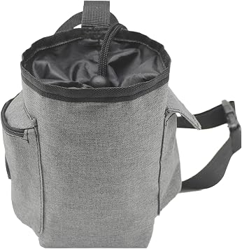 Chalk Bag, Drawstring Waist Pouch, Cylindrical, Waist Type, Wide Opening, Slanted Opening, Adjustable, Fleece Lined, Zipper Pocket Placement, Carabiner Included, Accessory Compartment, Bouldering