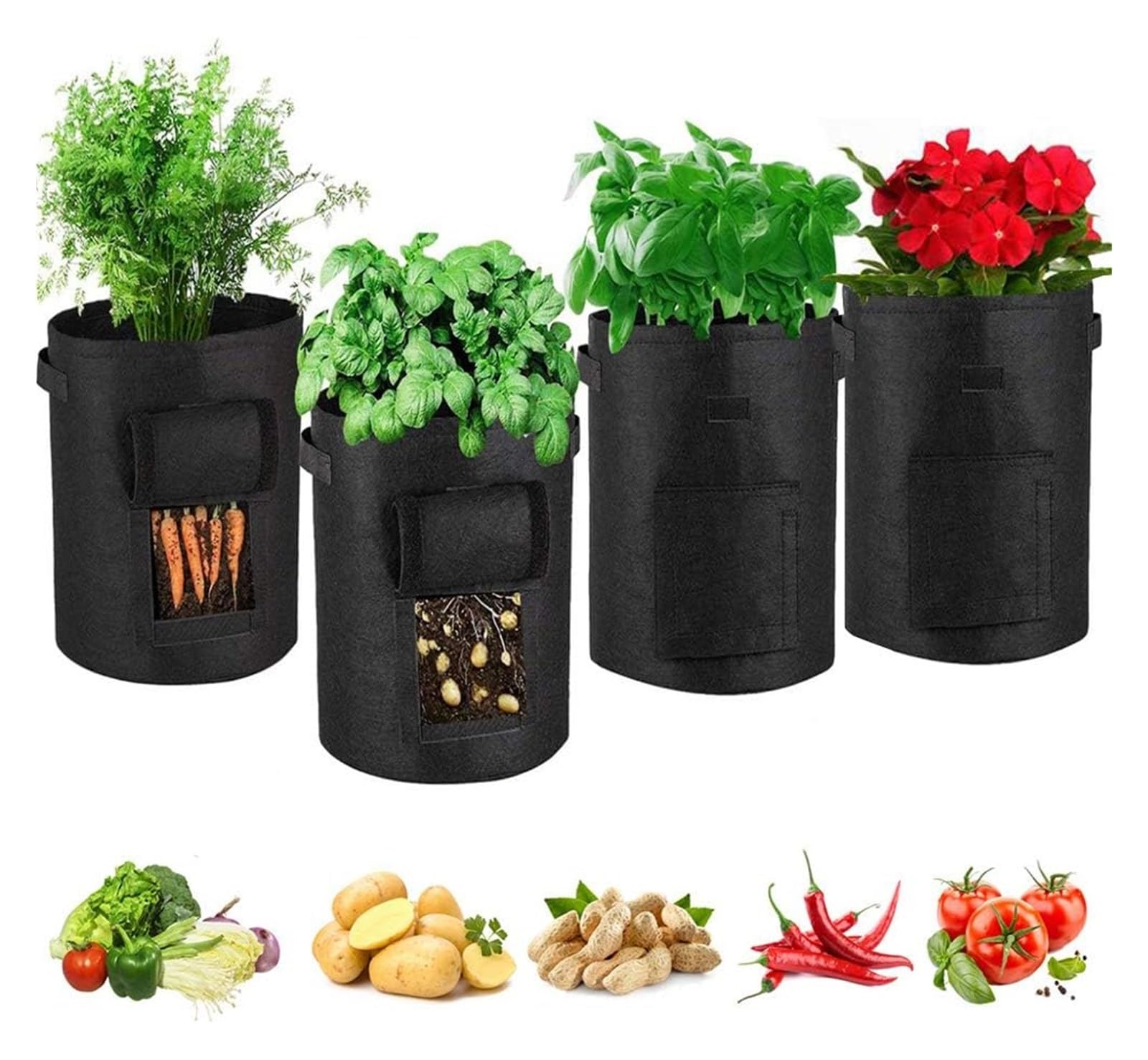 Worki do uprawy ziemniaków, Torby do uprawy ziemniaków, szaro-czarne, 7-10 gal, 4 szt. doniczek z haczykami i pętelkami paskiem na okienko(Black,7 Gallon)