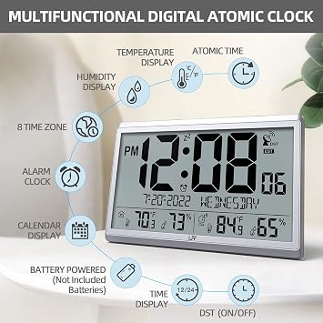 LFF Atomic Clock/Never Needs Setting, Digital Wall Clock with Indoor Outdoor Temperature & Humidity, Battery Operated, Wireless Outdoor Sensor, Atomic Wall Clock with 4.5 Numbers Easy-to-Read