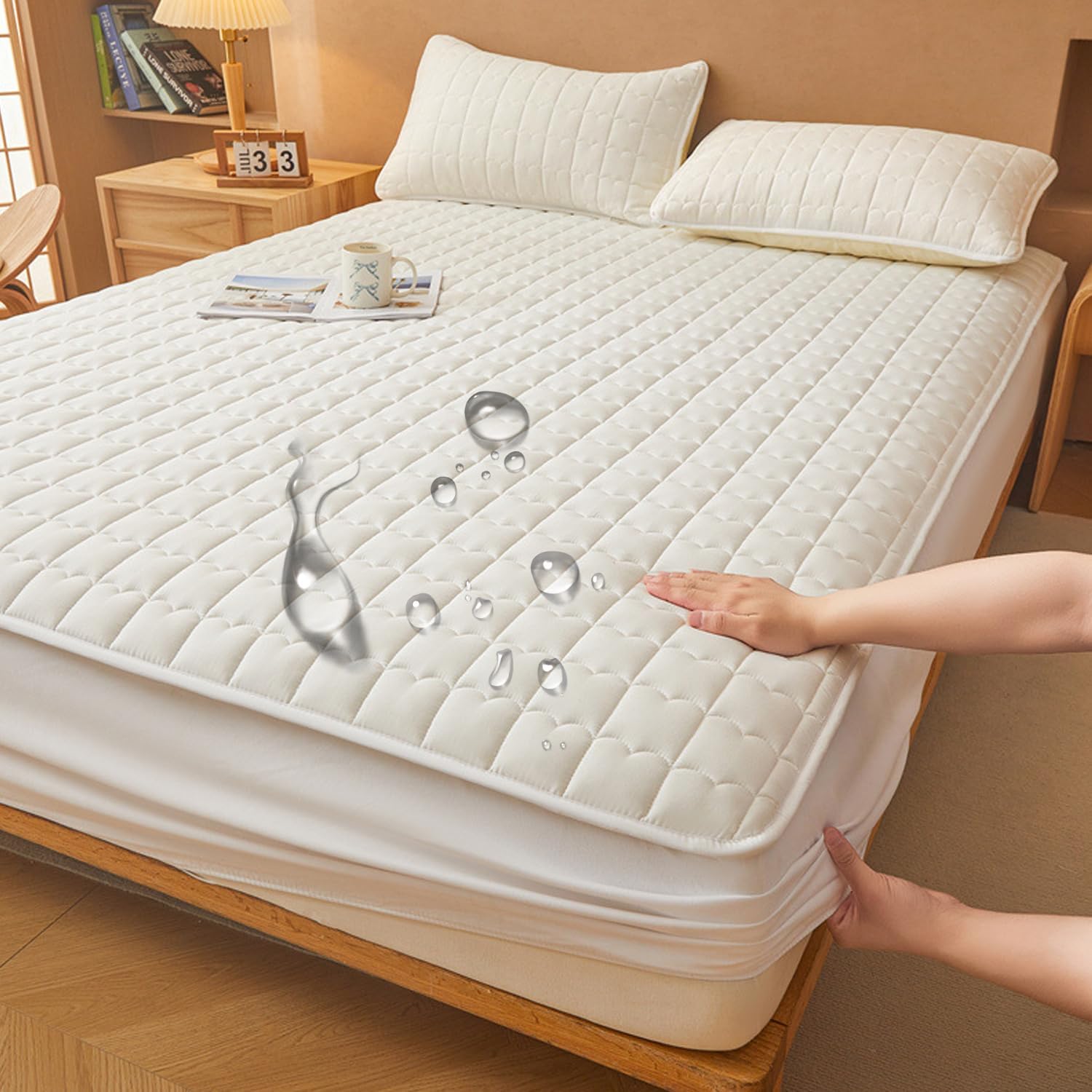 Waterproof Mattress Protector King Size Bed Mattress Cover Deep Pocket 180x200cm White Cotton Fabric Bed Cover for 12In Mattress Pad Cover Dormitory Hotel