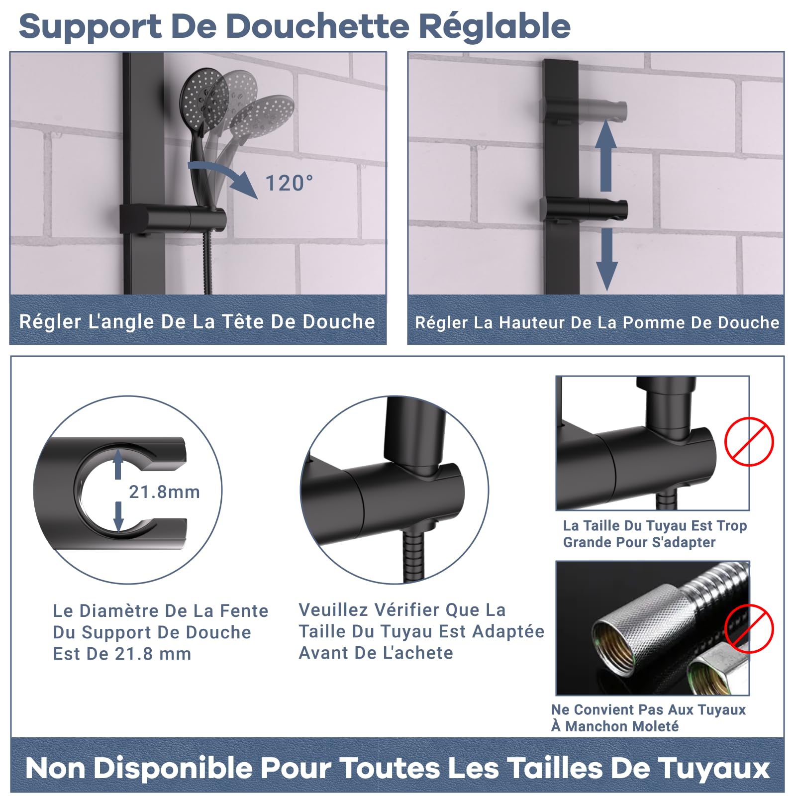 Barre de Douche sans Perçage Barre de Douche Adhésif avec Support de Pommeau de Douche Hauteurs et Angles 120° Réglables 120° Montage par Collage ou Perçage