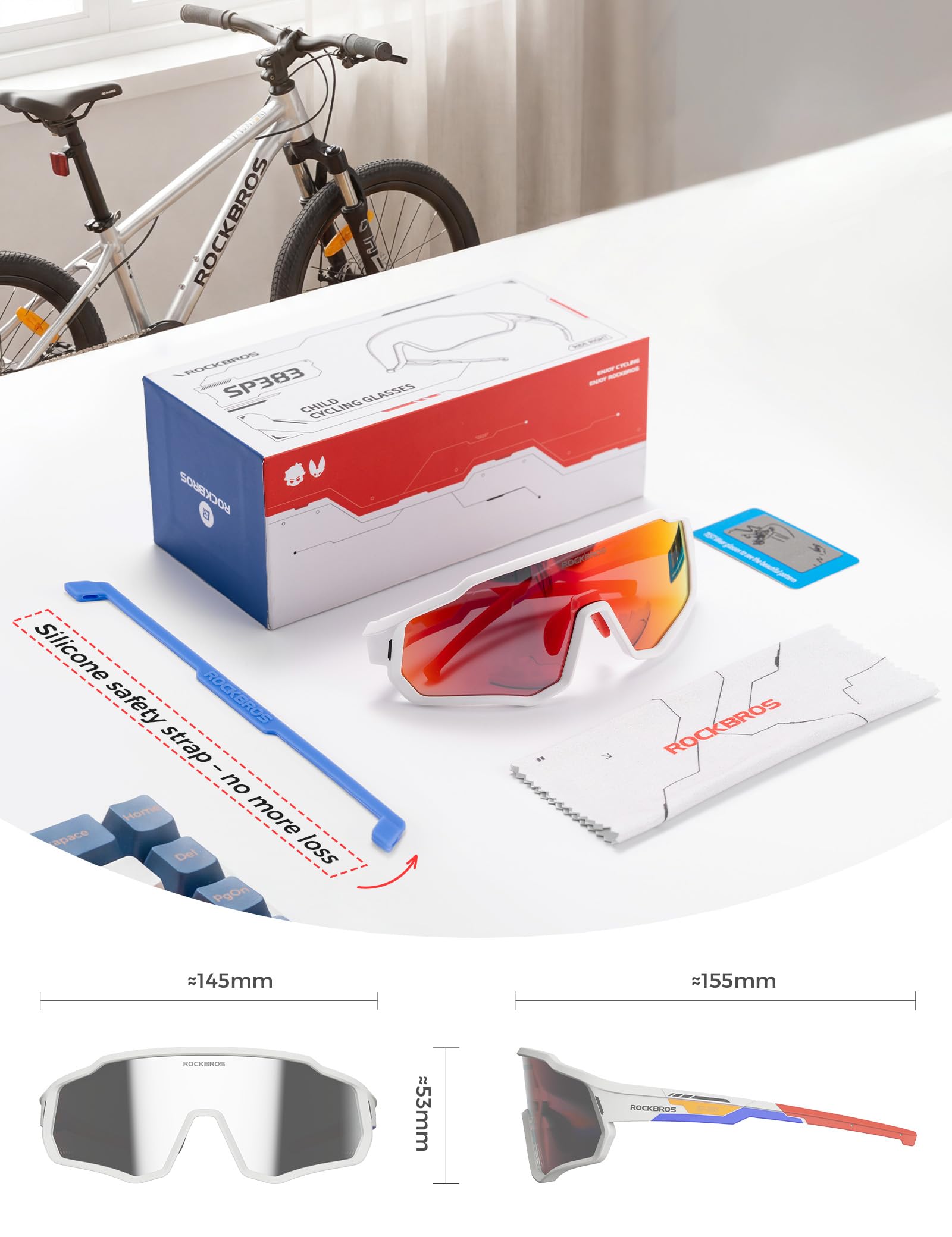 ROCKBROS Occhiali da Sole Ciclismo Fotocromatici per Bambini 26g Leggero | UV400 Protezione, Montatura TR90, Nasello Regolabile, con Cinturino, Occhiali Sportivi per Bici Corsa Viaggi