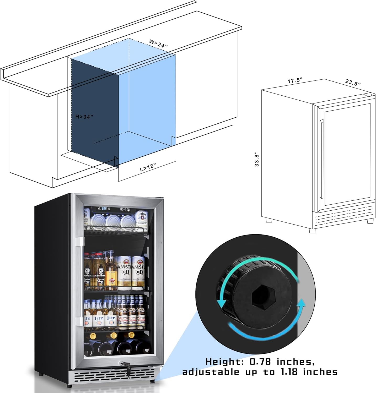 18 Inch Beverage Refrigerator, 150-Can Capacity Drink Fridge with Adjustable Shelves & Reversible Door – Ideal for Soda, Beer, Wine, and Milk, Perfect for Kitchen, Bar, or Living Room