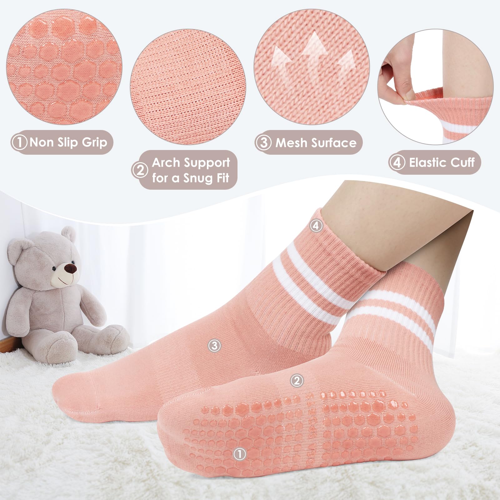 usefulpro Pilates Socks for Women with Non Slip Grippers, Yoga Socks for Barre Workout Hospital Gym (Pink/White/Dark Grey/Black)
