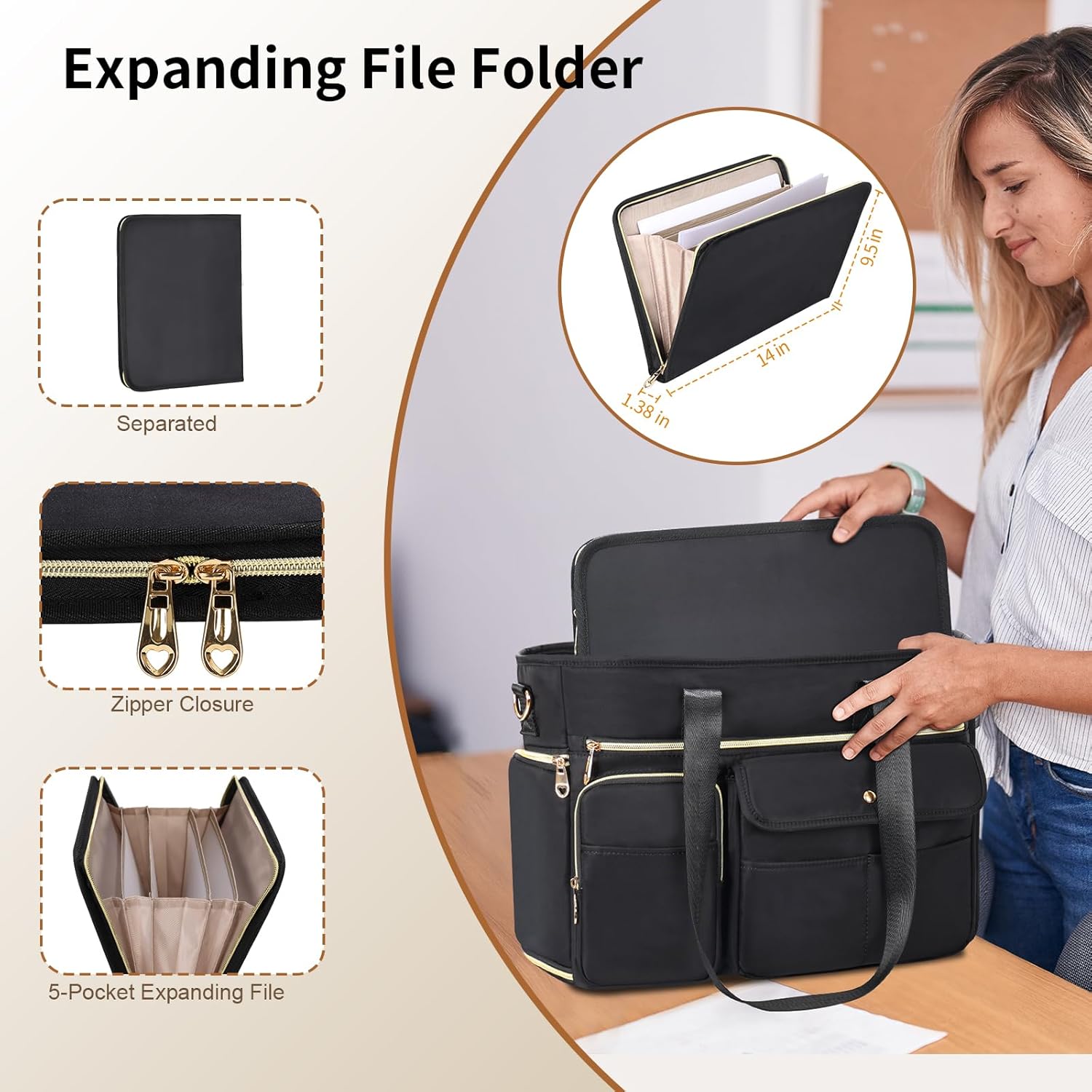 ESTARER Women Teacher Tote Bag 2Pcs, 15.6'' Laptop Work Bag Computer bag with Expandable File Folder, Large Water-Resistant Messenger Shoulder bag w/Insulated Pocket for Office/Travel/College, Black