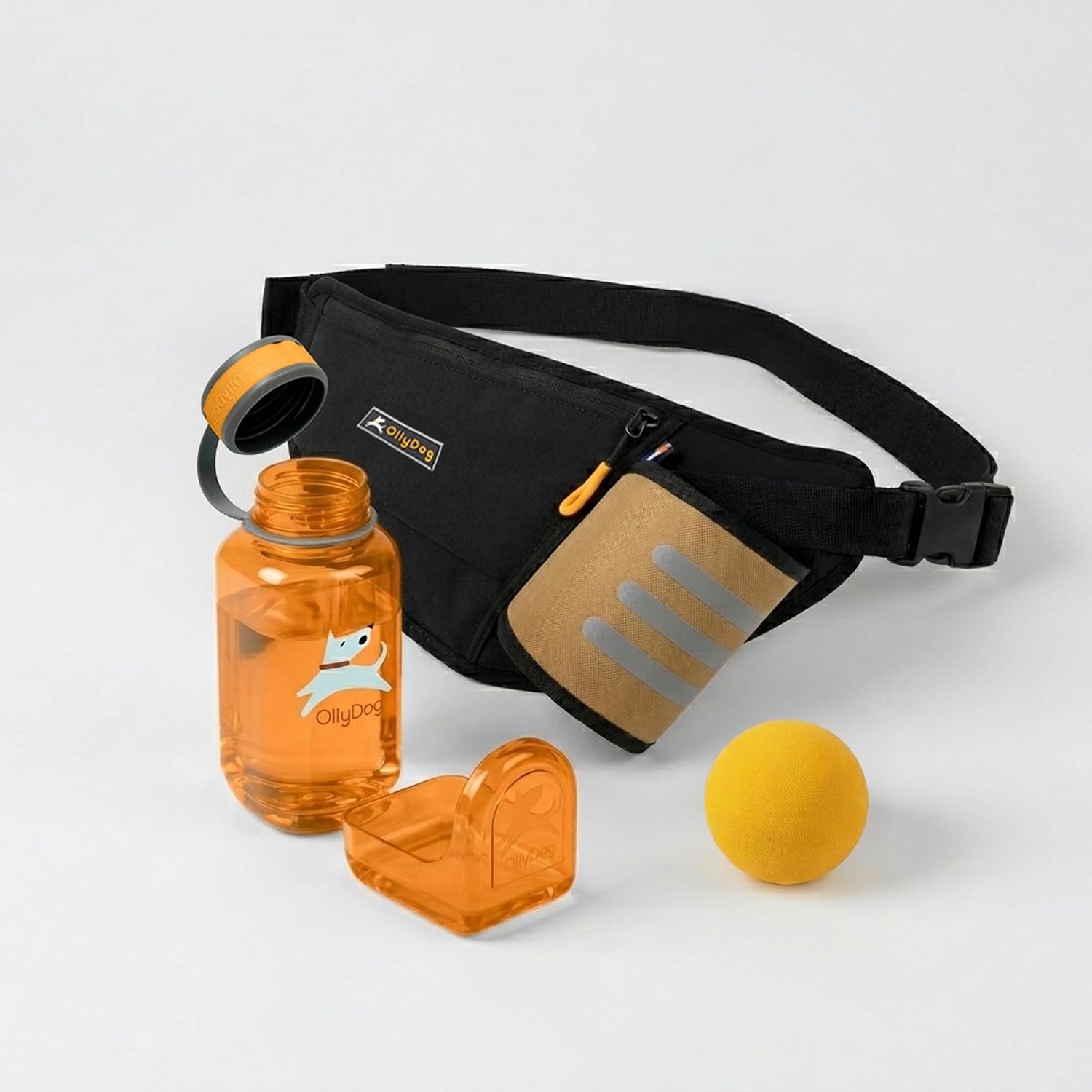 OllyDog Adventure Dog Walking Bundle – OllyBottle 600ml Dog Water Bottle, Hydro Slim Pack Belt Bag & Happy Camper Fetch Ball