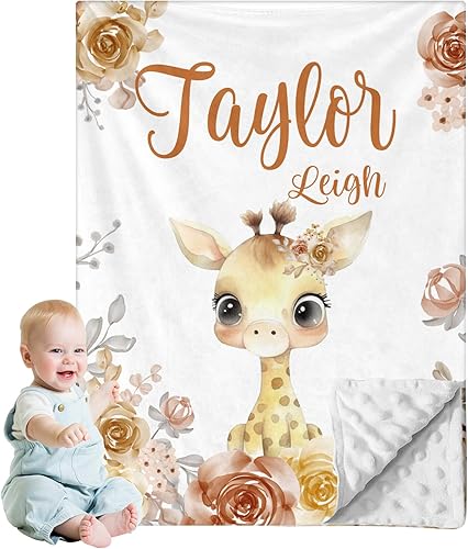 Manta de bebé personalizada para niños, nombre personalizado con diseños de jirafa, franela suave con respaldo de puntos de doble capa, manta