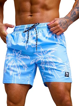 Verdusa Men's 7 Inch Swim Trunks with Pockets Quick Dry Swimsuit | Elastic Waist, Back Pocket, Mesh Lining, Tropical Print, Board Short, Hawaiian Beach Shorts