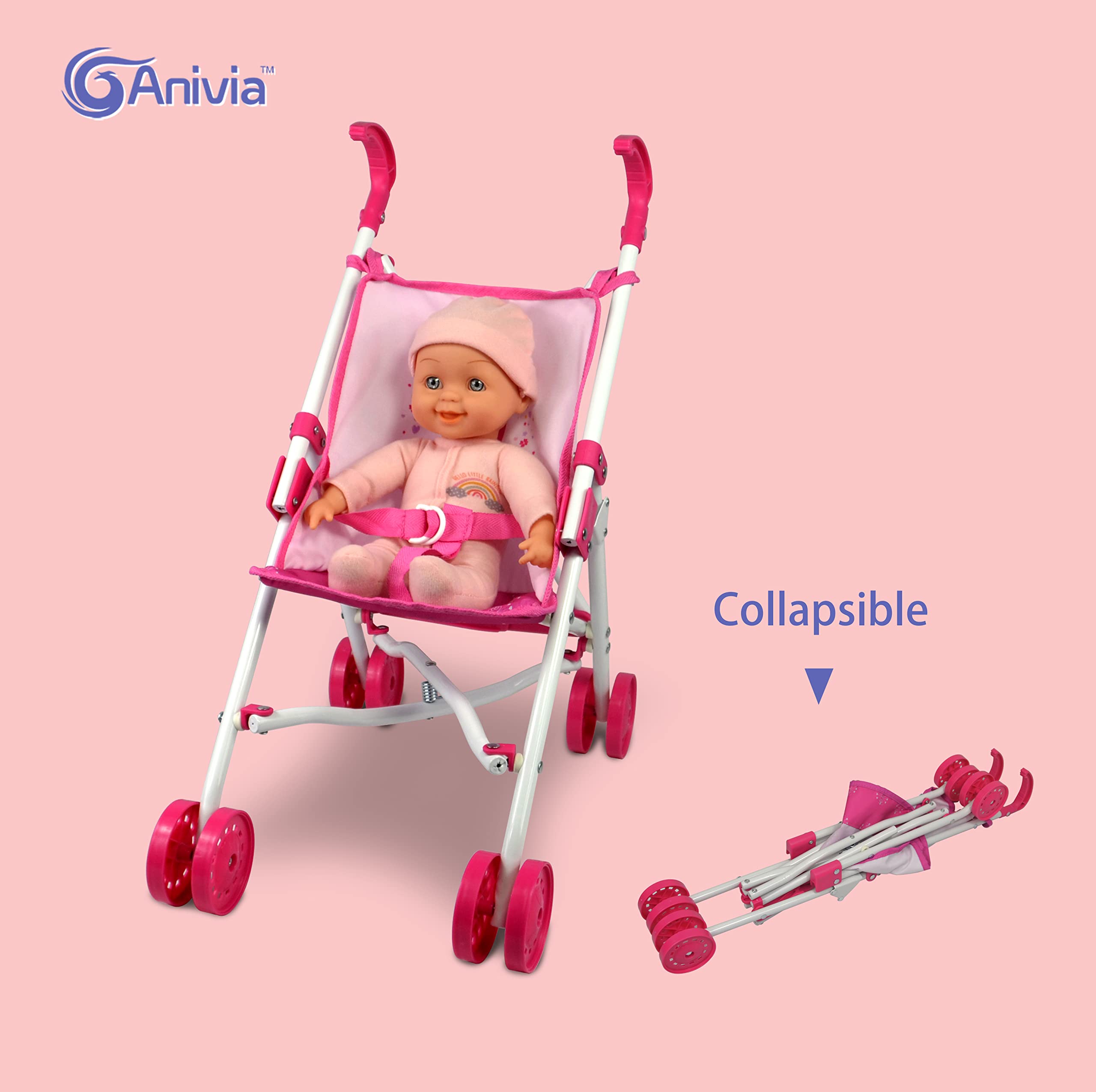 Poussette Poupée Bébé Avec Tenue Lapin - Set Complet Accessoires, Jeu D'imitation Pour Enfant 3 Ans Et Plus