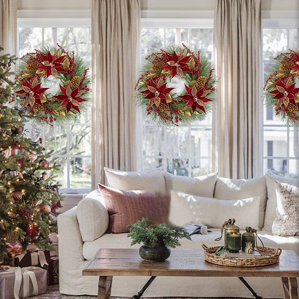 Arbrous - Corona de Navidad para puerta delantera, coronas de Navidad de 24 pulgadas, corona de Navidad con flores rojas de pascua, conos de pino, bayas, hojas de magnolia, coronas de invierno para