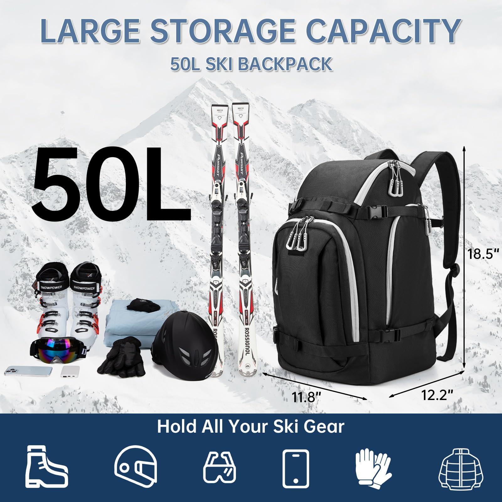 MIGGEEY Borsa per scarponi da sci con scomparto per casco e scomparto per stivali [50 l], zaino da sci con tasca per casco, borsa da sci con funzione di tracolla e spazio per accessori da sci