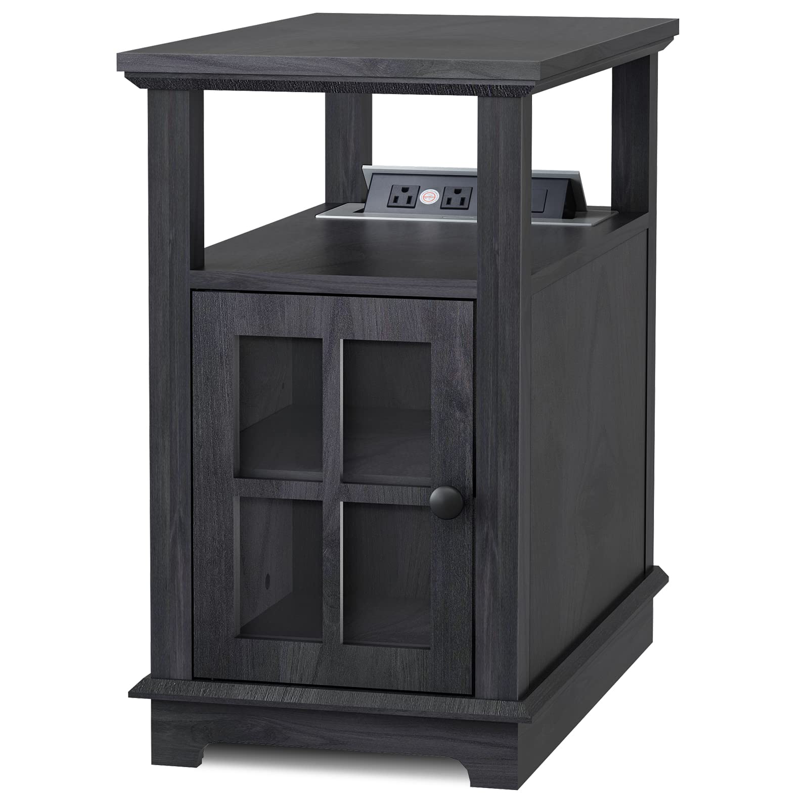 HIFYOBRO Narrow End Table with Flip Top Charging Station and Storage Cabinet, Type-C & USB Port & Power outlets, Adjustable Shelf, Blackgray Side Table with Storage for Living Room and Bedroom