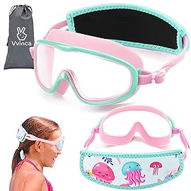 Vvinca Kids Swim Goggles for Age 2-8, Toddler-Goggles with Fabric Strap No Leak Pain-Free, Anti-Fog Goggles for Girls Boys