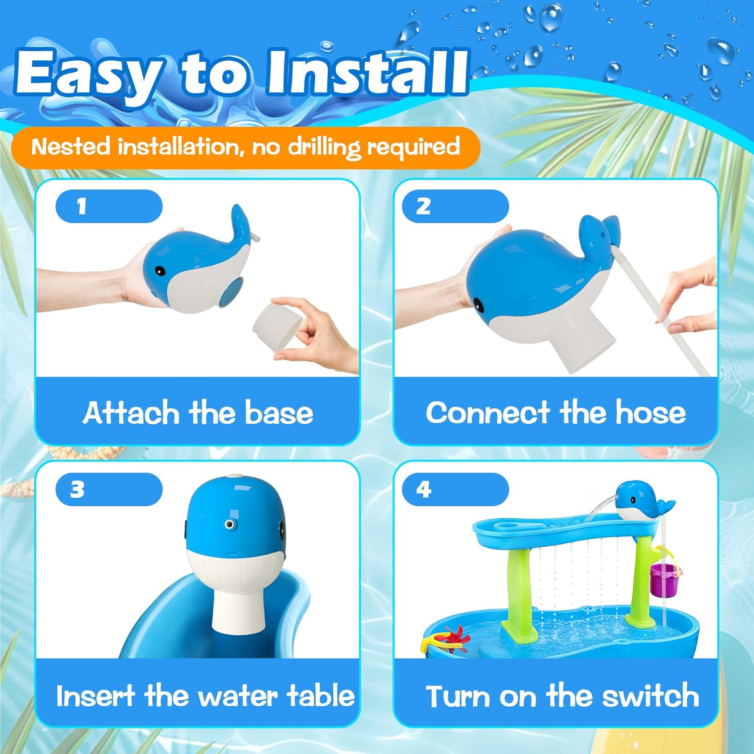 Whale Water Table Pump – Continuous Flow Rechargeable Battery Powered Water Pump for Water Table Accessories – Outdoor Summer Water Play Toys (Blue)