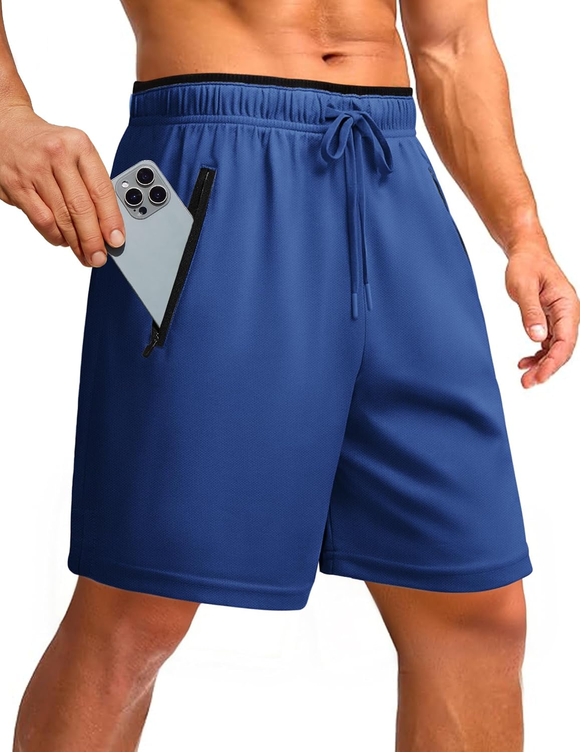 PINSPARK Men's Athletic Running Shorts 7" Mesh Quick Dry Workout Shorts with Zipper Pockets Lightweight Gym Shorts