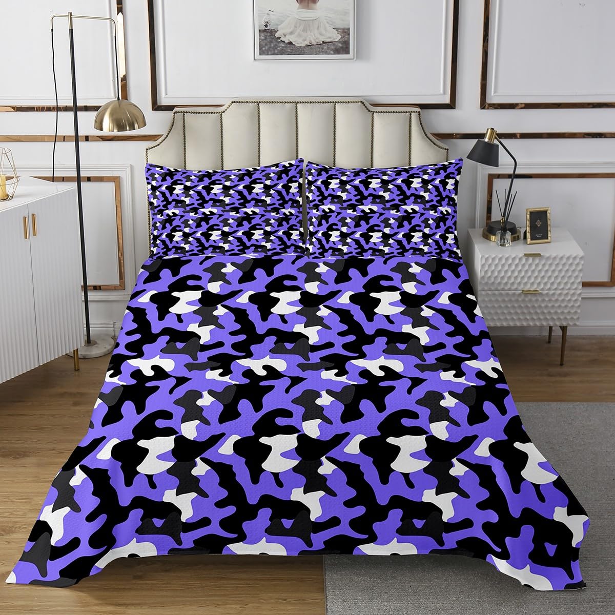 Manfei Camoflage Kids Bedspread Twin Size,Army Camo Wild Hunting Cabin Coverlet Set,Boys Girls Room Decor,Rustic Lodge Farmhouse Quilted Coverlet,Purple Black Bedding Quilt,1 Pillowcase