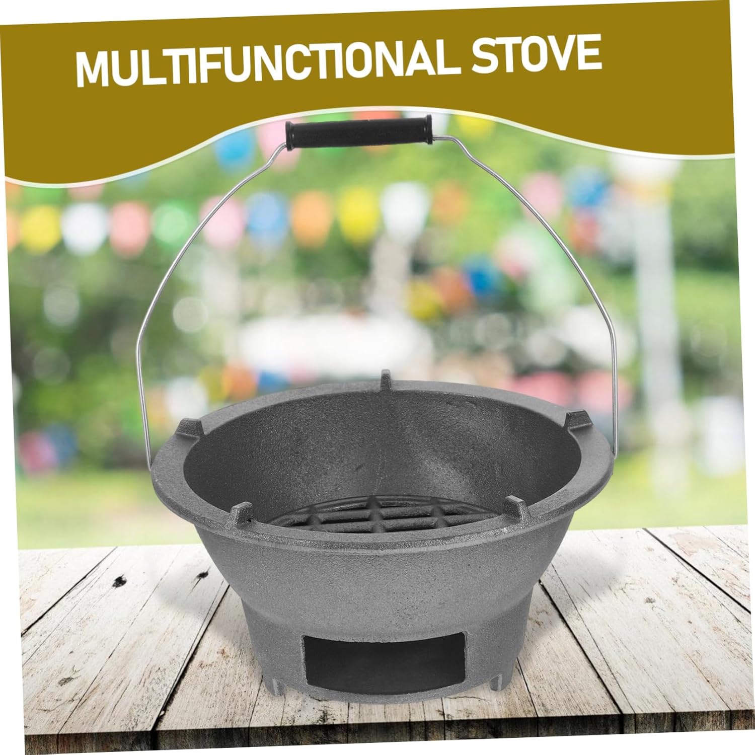 SUPVOX Portable Cast Iron Charcoal Grill Stove for Outdoor BBQ Heavy Duty Tabletop Design for Camping and Backyard Parties Compatible Charcoal and Wood