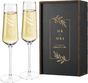 AW Bridal Mr and Mrs Gifts Wedding Champagne Flutes, Engagement Gifts for Couples and Newlyweds, Bride and Groom Champagne Glasses with Wood Keepsake Box,Bridal Shower Gifts for Bride to Be