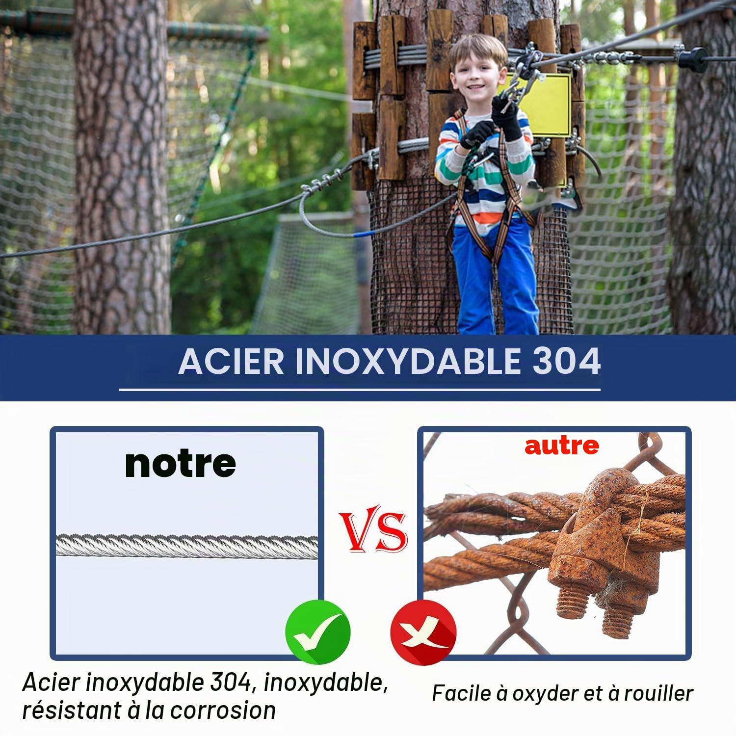 Cable inox 5mm, 46 Mètres Câble Métallique, Câble en Acier Inoxydable 304, 7×19 Brins Câble en Acier avec Boucles pour Tyrolienne, Garde-Corps de, Résistant à une Charge de 1600kg