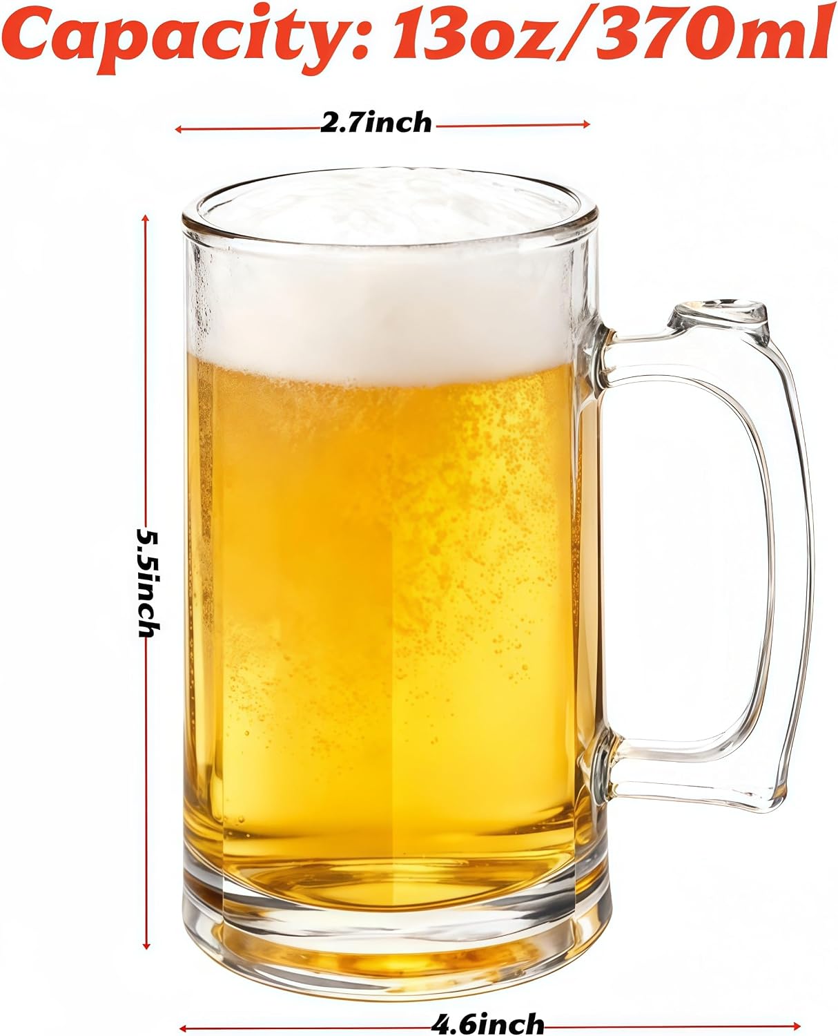 13oz Reusable Plastic Beer Mugs with Handle Set of 2, Clear Beer Stein Drinking Glasses Cups