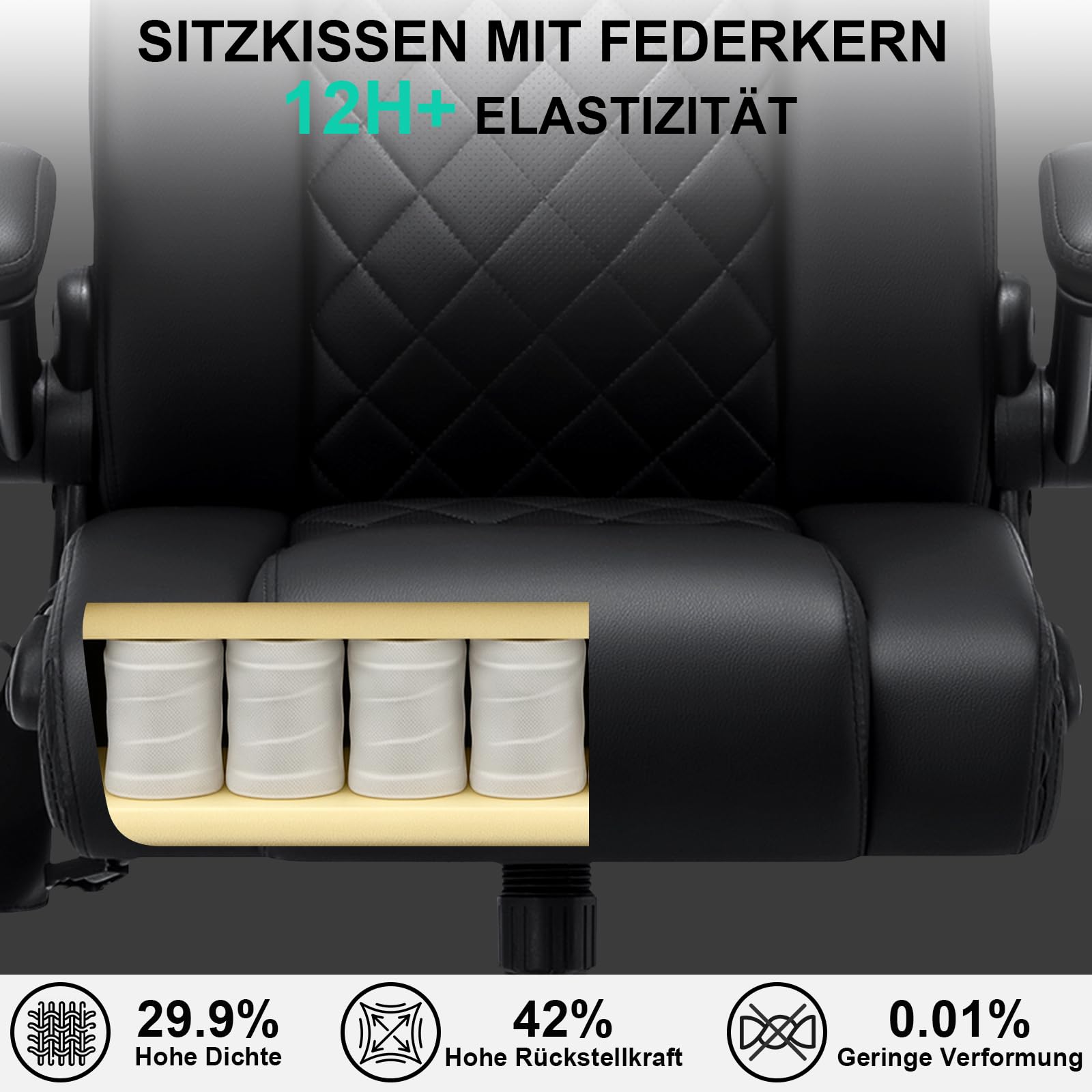 HOFFREE Bürostuhl Ergonomischer mit Lendenstütze PU-Leder Chefsessel 200kg mit Hochklappbare Armlehnen Hoher Rückenlehne Computerstuhl,Verstellbare Kopfstütze,Schwarz