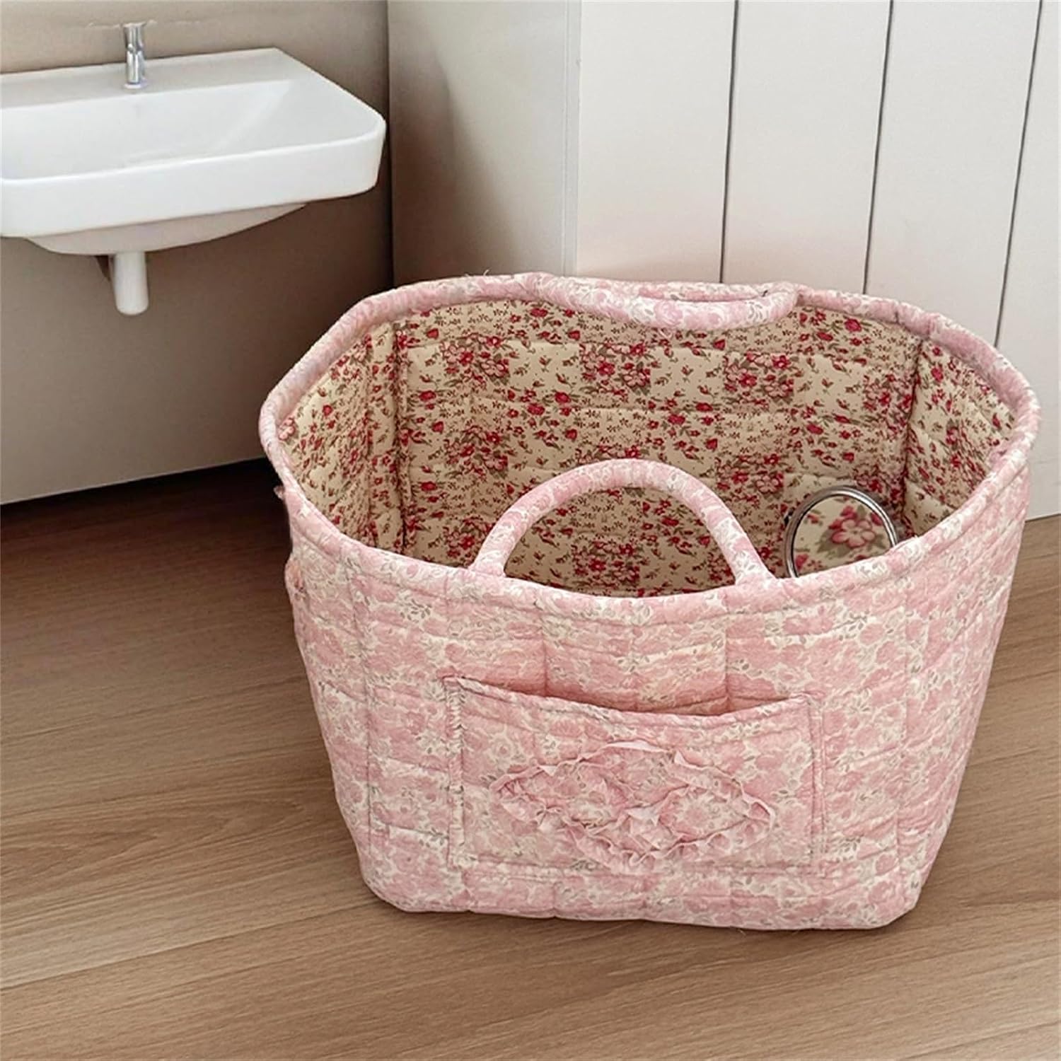 Boho Fabric Storage Basket Quilted Floral Print Baskets Organizer Bin with Handles for Home, Picnic, Shopping (Pink, L)