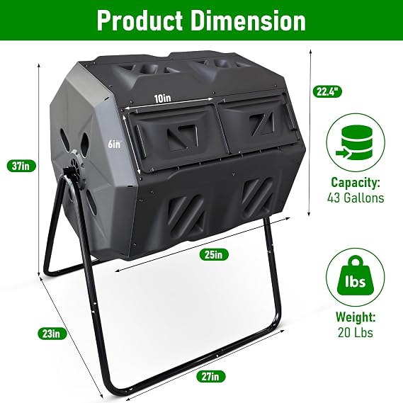 43 Gallon Dual Chamber Compost Tumbler - Outdoor Rotating Composting Bin with Easy-Turn System & Aeration - BPA-Free Large Garden Waste Bin for Kitchen Scraps & Yard Manure - Weather-Resistant