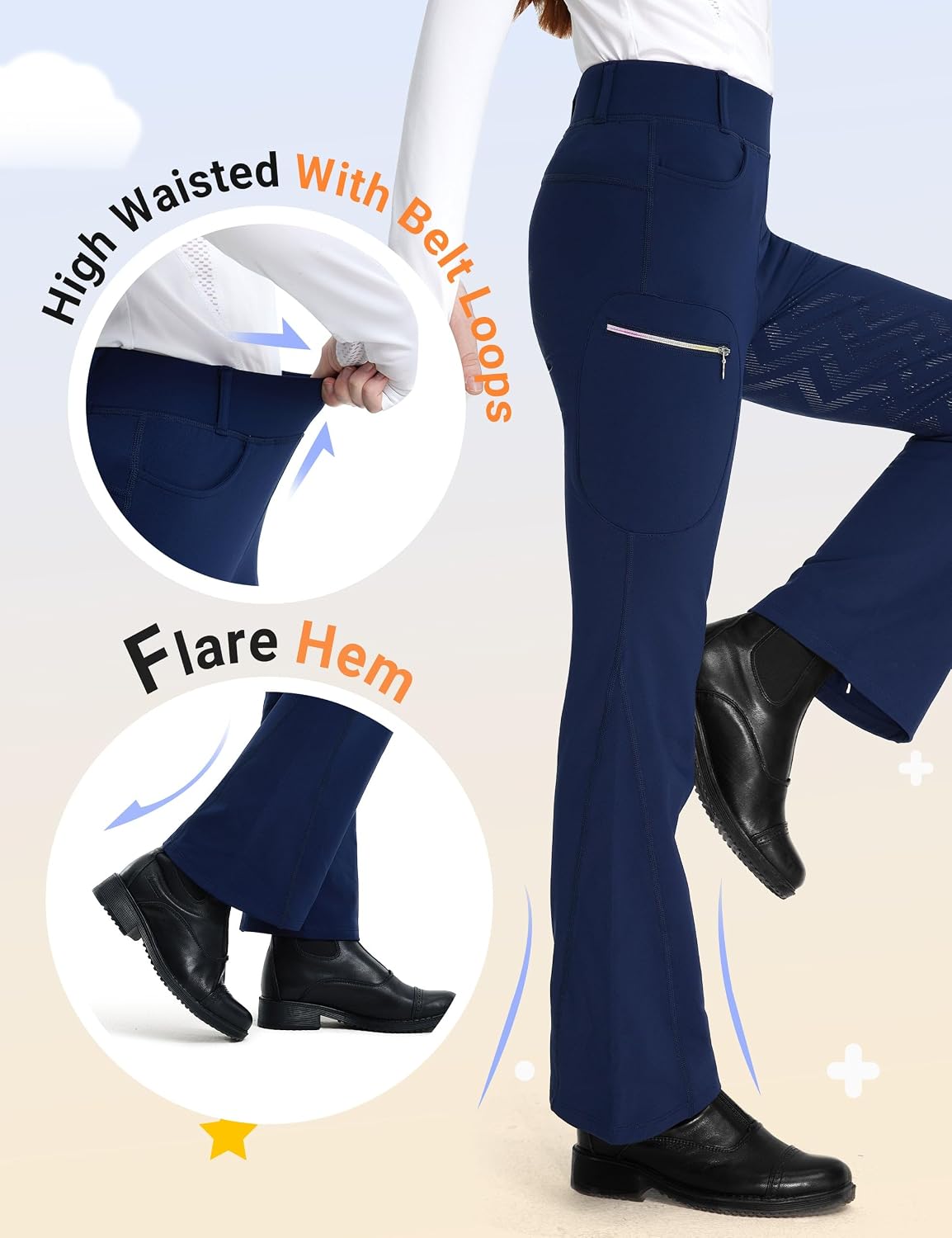 FitsT4 Sports Girls Fleece Horse Riding Pants Bootcut Winter Full Seat Riding Tights Kids Equestrian Breeches Pockets