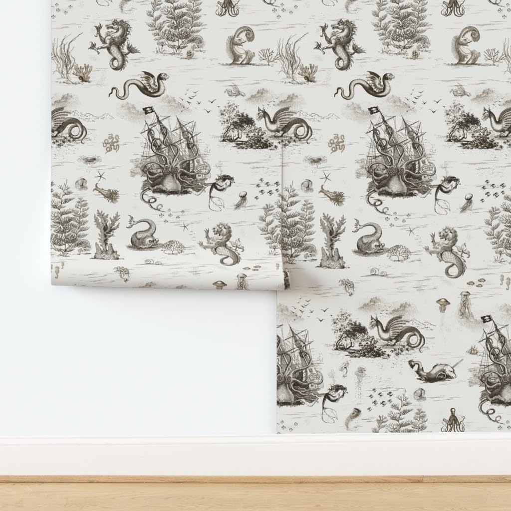 Spoonflower Removable Wallpaper 3ft x 2ft - Vintage Dragon Ocean Octopus Sepia Toile Mermaid Steampunk Custom Pre-Pasted Wallpaper