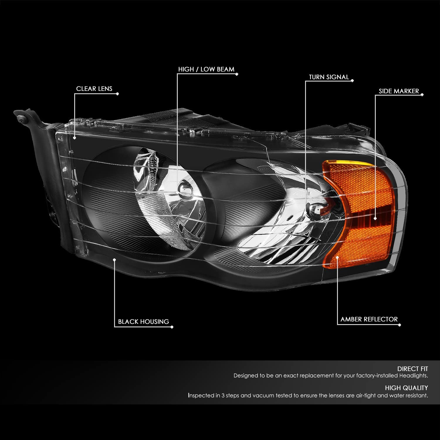 DNA MOTORING Pair Headlights Compatible with 02-05 Dodge Ram 1500 2500 3500, Left & Right, Black Housing Amber Corner, HL-OH-DR02-BK-AM