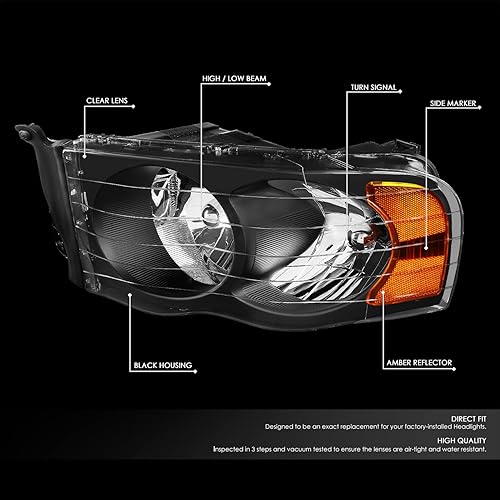 Miniatura 2 de DNA MOTORING Par de faros delanteros compatibles con Dodge Ram 1500 2500 3500 02-05, izquierda y derecha, carcasa negra, esquina ámbar,