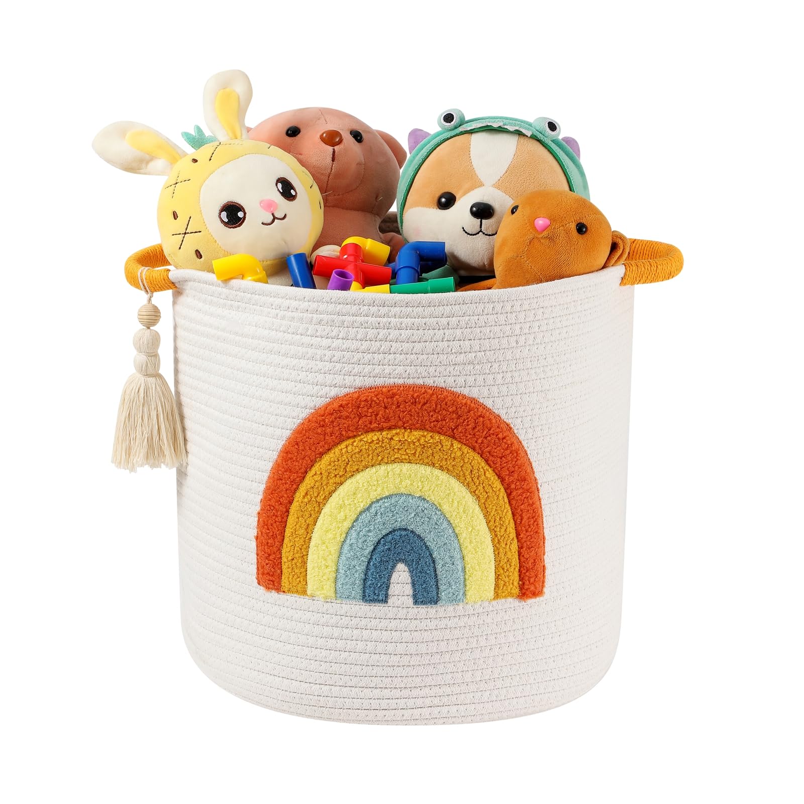 Spielzeugkörbe aus Baumwollseil, Aufbewahrungskorb Kinderzimmer, Deckenkorb Wohnzimmer, Spielzeug Organizer mit Quaste, Wäschekorb Kinder, Baby Korb Geschenk Kinderzimmer Deko Mädchen, Boho Regenbogen