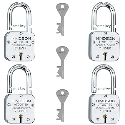 HINDSON Small Lock and Key, Door Lock for Home, Shop Same Key for Multiple Lock, 4 Same Key Lock Set, Common Key Lock Set of 4 (Finish Silver)(50mm Atoot Same 4 Small Lock)