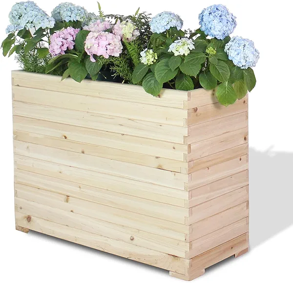 TRUEAURA Wood Raised Garden Bed, Rectangular Planter Box Outdoor Large Tall Trough 39"x28"x15" Flower Planters Boxes with Bottom for Plants Herb Patio Porch Balcony Privacy Screen