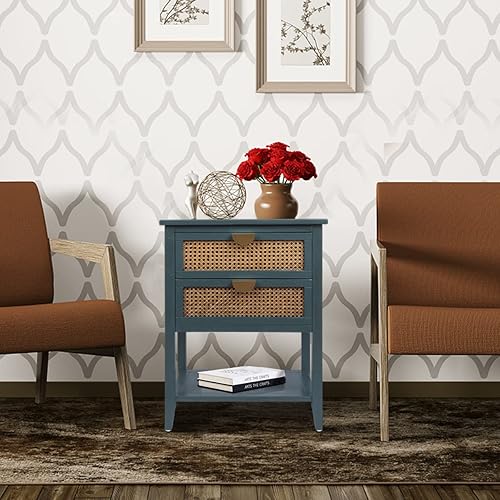 Vista 10 de Mesitas de noche con 2 cajones, mesita de noche de ratán, mesa auxiliar de almacenamiento, organizador de tocador, cajón y estante para entrada