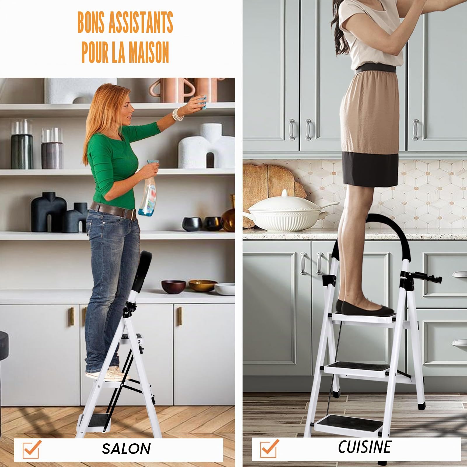 Escabeau Pliable 3/4/5 marches Charge maximale de 150kg Verrouillage de sécurité, pédales Larges accoudoirs escabeau escamotable légères pour la Maison, Cuisine, Placard et Bureau (Blanc-3 marches)
