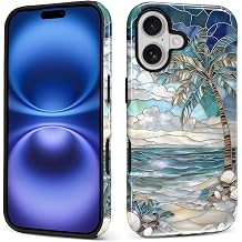 Case for iPhone 17, PC Hard Shell & Silicone Inner Bumper, Anti-Scratch Full-Body Cover Shockproof Slim Design Beach Palm Tree