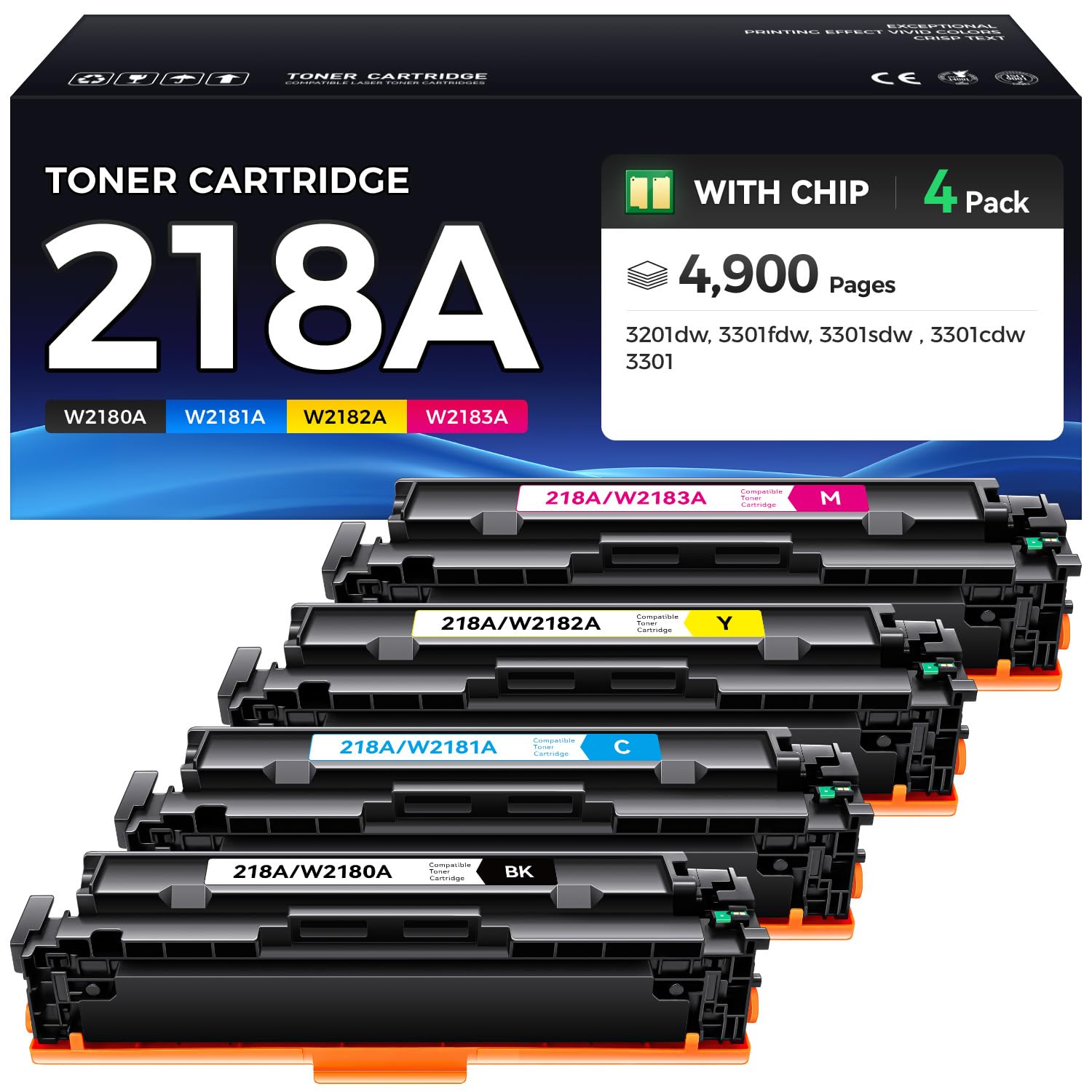 218A Toner Cartridge Black 4-Pack with Chip High Yield Replacement