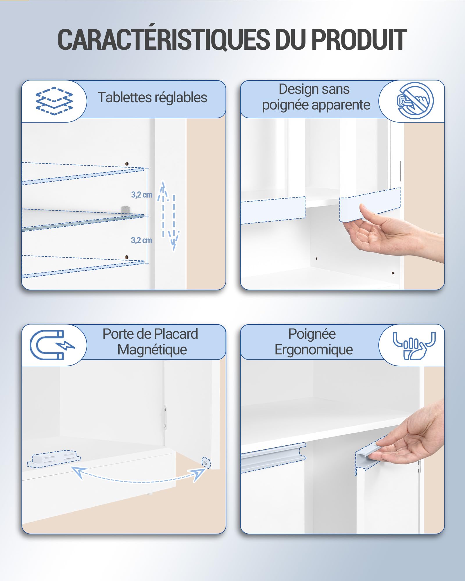 Hzuaneri Meuble Salle de Bain,Meuble de Rangement Haute avec Éclairage LED | Armoire sur Pied avec 4 Portes et Étagère Réglable, Moderne, pour Salle de Bain, Salon, 28 x 60 x 170 cm Blanc SC40003XEU