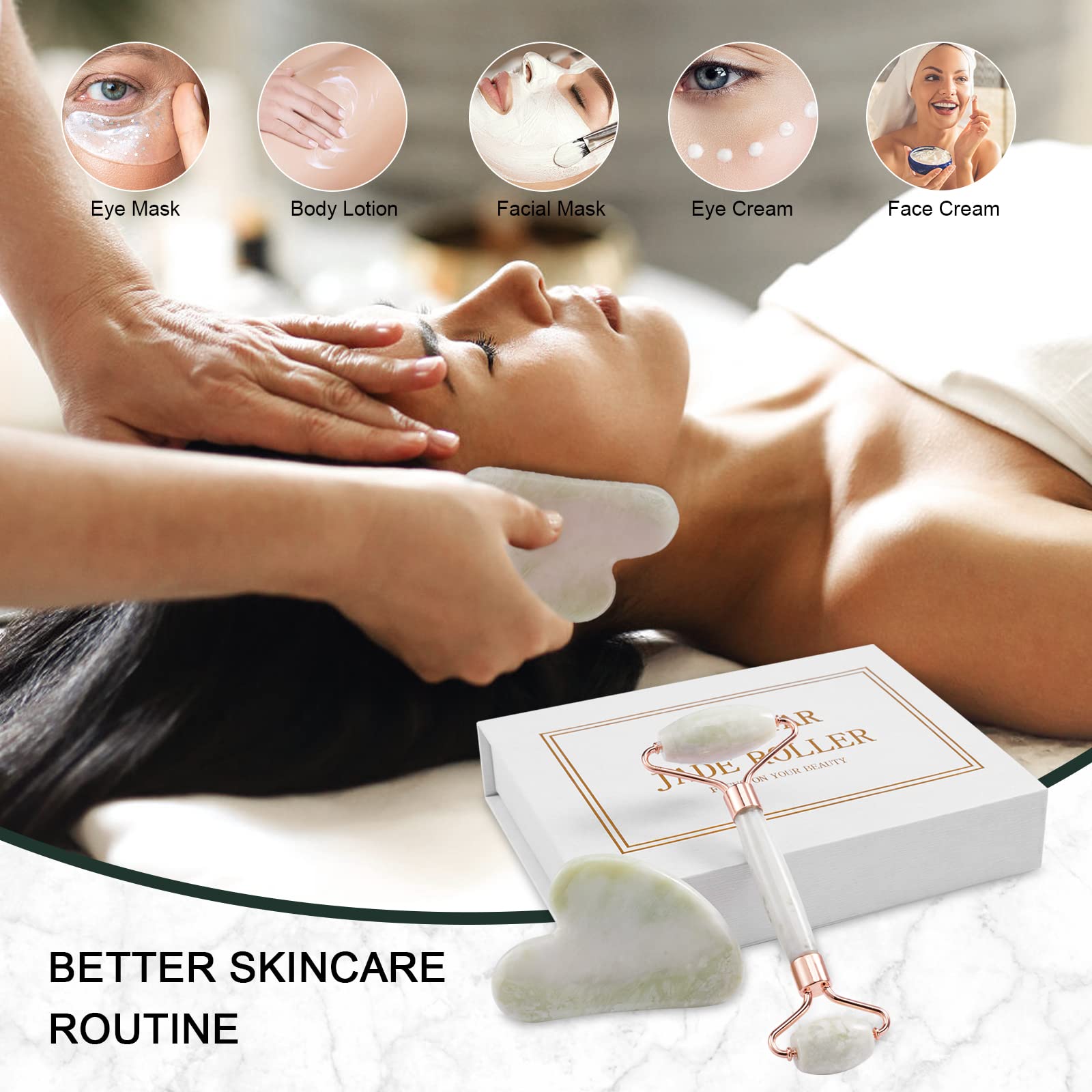 Gua Sha & Jade Roller Set, masajeador facial herramienta de cuidado de la piel para cara, cuello, ojos, reduce la hinchazón de la piel (jade mantequilla)