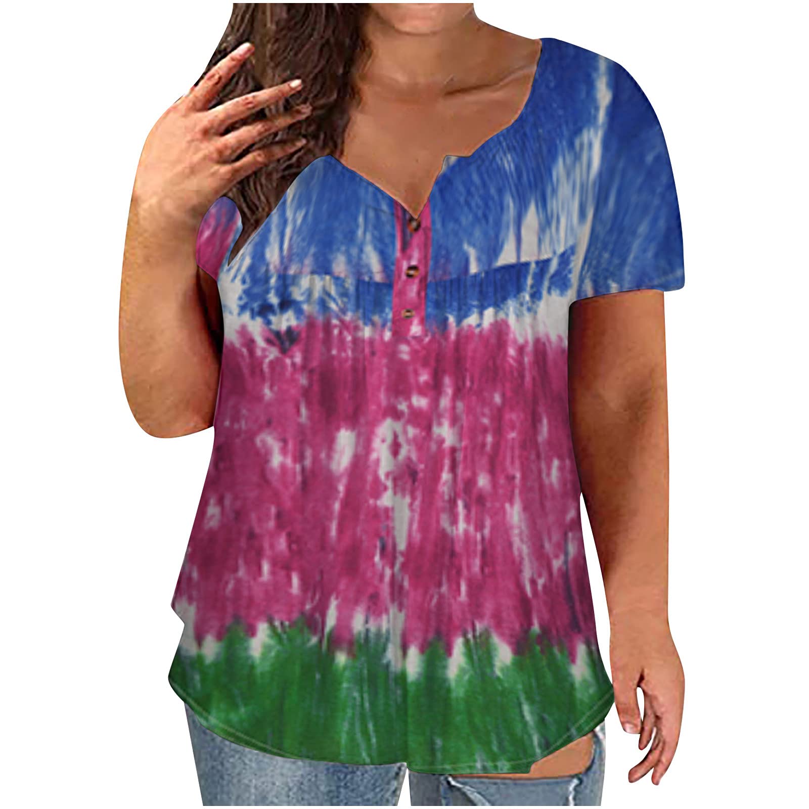 Plus Size Tops for Women Button Down Ruffle Short Sleeve Summer Casual Basic T-Shirts Tie-dye Loose Flowy Blouses