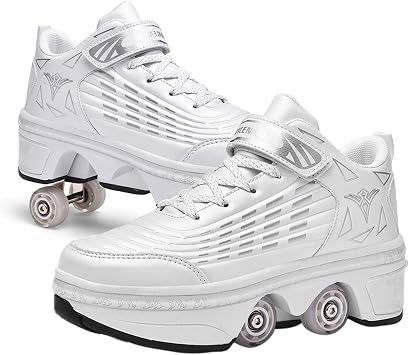 Roller Skate Roller Skate Shoes Kids Adult Multifunctional Deformation Shoes Unisex Retractable Skateboarding Roller Blade Gift for Beginner,White-24cm