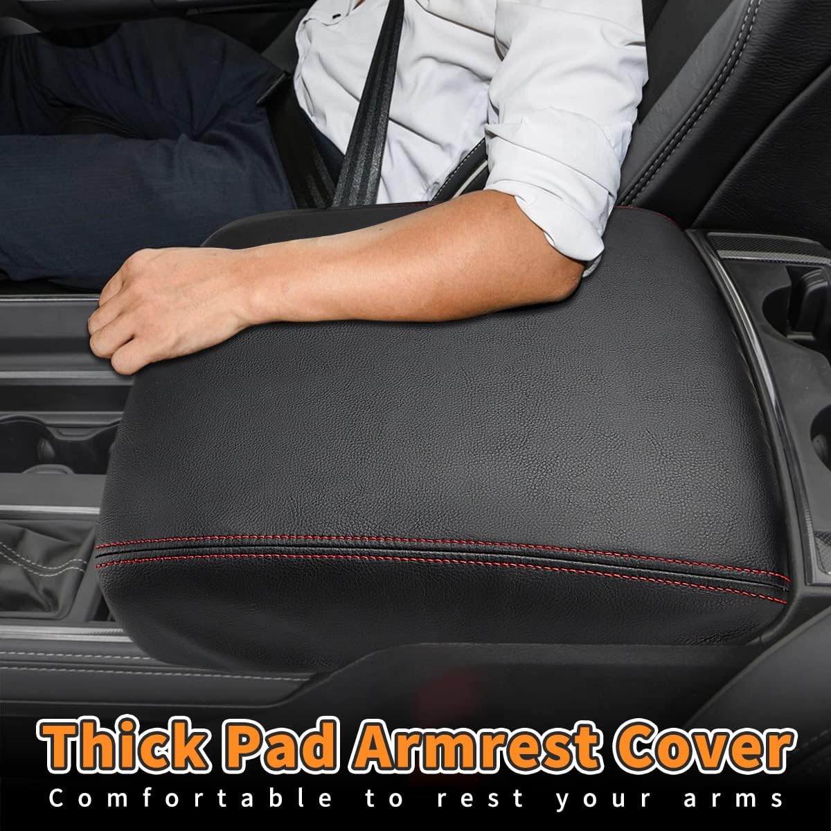INTGET Car Center Console Armrest Cover for 2022 2023 Dodge Ram 1500 2500 3500 Accessories 2019 2020 2021 Arm Rest Box Lid Protector Pad Cushion Dog Seat Cover (Black with red Stitches)